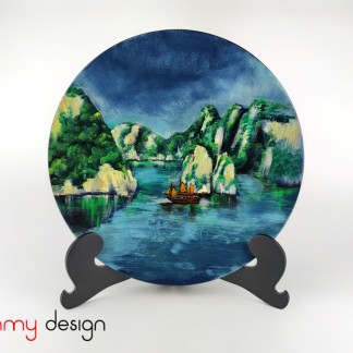 Blue round lacquer plate hand-painted with Ha Long Bay included with stand 30 cm